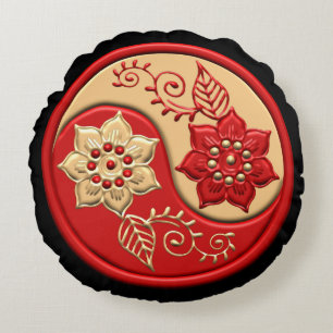 Coussins Ronds Rouge et Or Floral Yin Yang