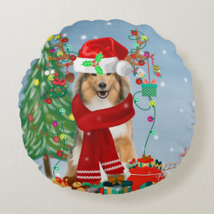 Coussins Ronds Rough Collie Chien dans neige cadeau de Noël