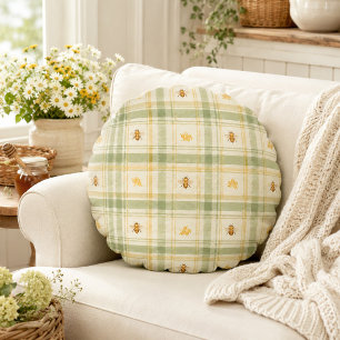 Coussins Ronds Ruche Dorée Prairie Sage Plaid Abeille à Miel