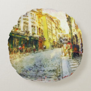 Coussins Ronds Rues de vieille aquarelle de Prague