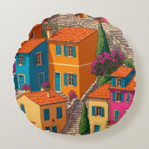 Coussins Ronds Rues méditerranéennes — Motif de maisons colorées