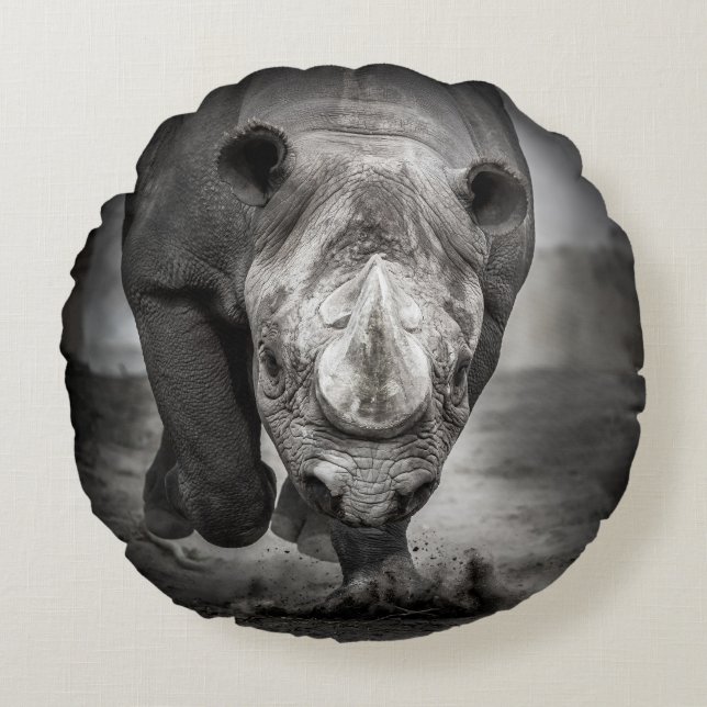 Coussins Ronds Running Rhinoceros : Wild Animal Portrait. (Devant)