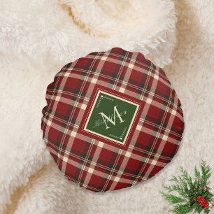 Coussins Ronds Russe Famille de Noël Monogramme Rouge Vert Plaid