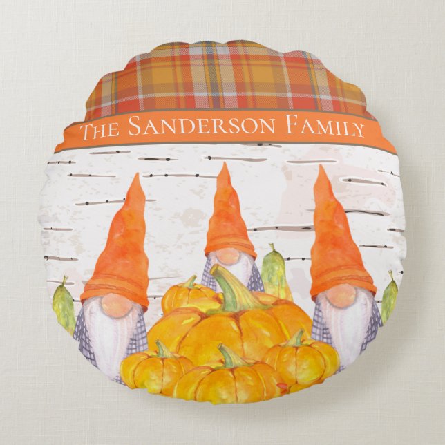 Coussins Ronds Rustic Fall Gnome orange plaid citrouille (Devant)