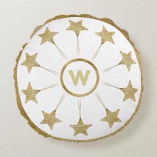 Coussins Ronds Rustic Golden Stars Motif Sur Monogramme Blanc
