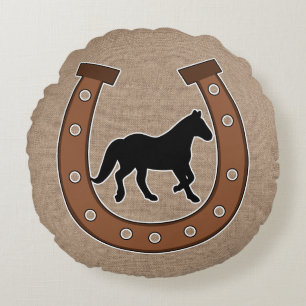 Coussins Ronds Rustic Horseshoe and Black Horse Faux Burlap