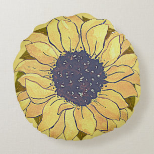 Coussins Ronds Rustique Chic Tournesol jaune aquarelle floral
