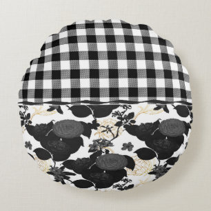 Coussins Ronds Rustique Fleurs à carreaux noirs et blancs Buffalo