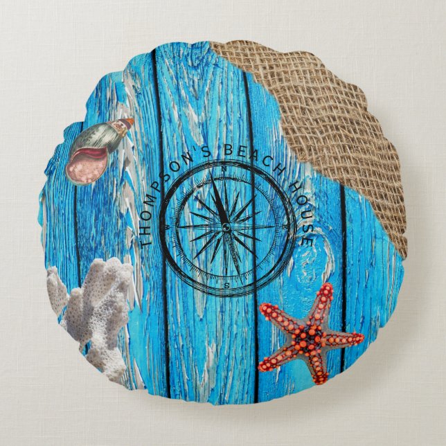 Coussins Ronds Rustique Nautique Bleu Burlap Starfish (Devant)
