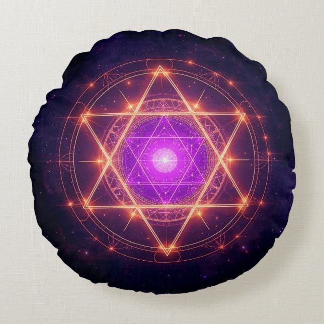 Coussins Ronds Sacred Geometry Mandala – Light Within the Cosmos (Devant)