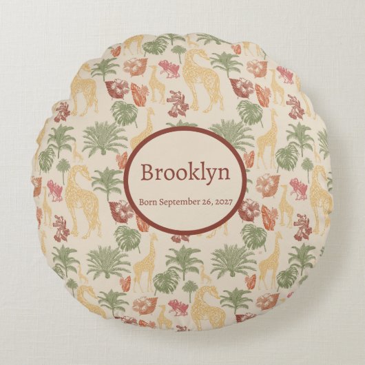 Coussins Ronds Safari Giraffe & Pépinière Feuille Tropicale (Devant)