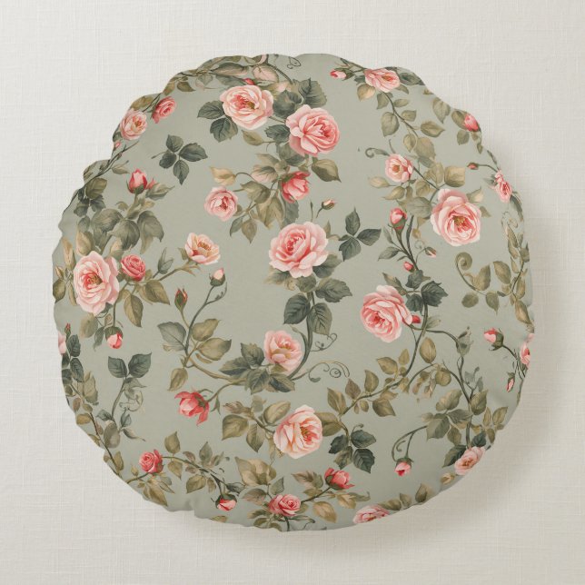 Coussins Ronds Sage Green Retro Maximalist Floral (Devant)
