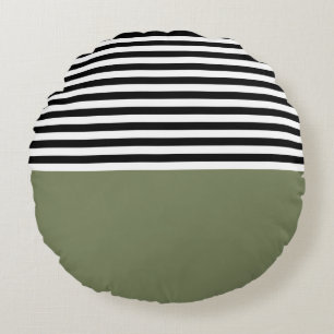 Coussins Ronds Sage vert avec bandes noires et blanches