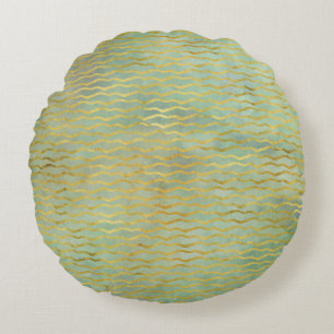 Coussins Ronds Sage Vert & Or Aquarelle Wave Stripes