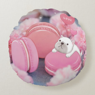 Coussins Ronds Saint-Valentin : Chien de taureau, Macarons et Fle