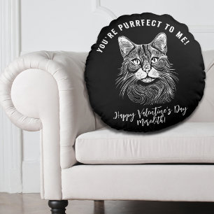 Coussins Ronds Saint-Valentin personnalisé chat noir et blanc pur
