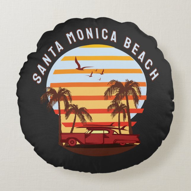 Coussins Ronds Santa Monica Beach Retro Sunset Vintage  (Devant)