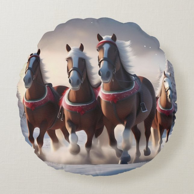 Coussins Ronds Santas Chevaux de Neige de Noël, (Devant)