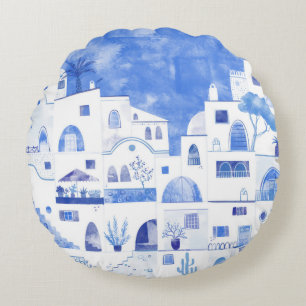 Coussins Ronds Santorin Grèce Watercolor Townscape