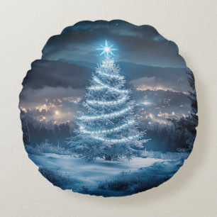 Coussins Ronds Sapin de Noël de nuit d'hiver lumineux bleu