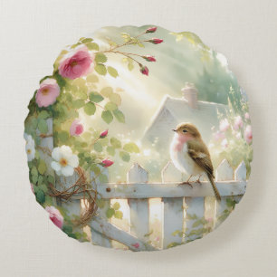 Coussins Ronds Scène aquarelle de rose de jardin et d'oiseau
