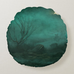 Coussins Ronds Scène de cimetière abandonné au clair de lune