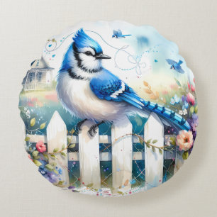 Coussins Ronds Scène de clôture de jardin de cottage Blue Jay