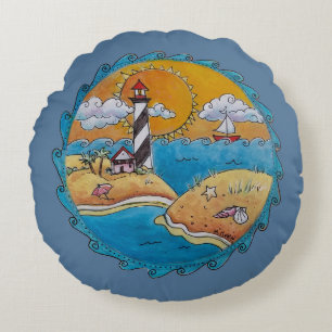 Coussins Ronds Scène de plage de phare fantaisiste, art folkloriq