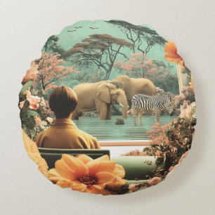 Coussins Ronds Scène de safari surréaliste avec éléphants zèbres