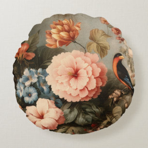Coussins Ronds Scène florale et aviaire vintage vibrante