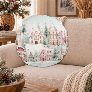 Coussins Ronds Scène hivernale aquarelle cosy rose et menthe