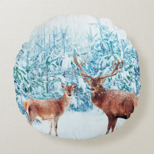 Coussins Ronds Scène hivernale de la famille des cerfs de neige
