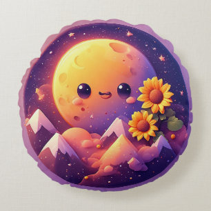 Coussins Ronds Scène lunaire fantaisiste entourée de tournesols
