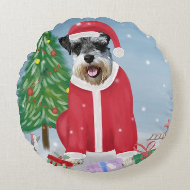 Coussins Ronds Schnauzer Chien à Noël de neige (Devant)