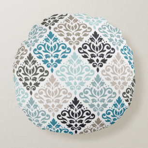 Coussins Ronds Scroll Damask Big Motif Teals Browns White