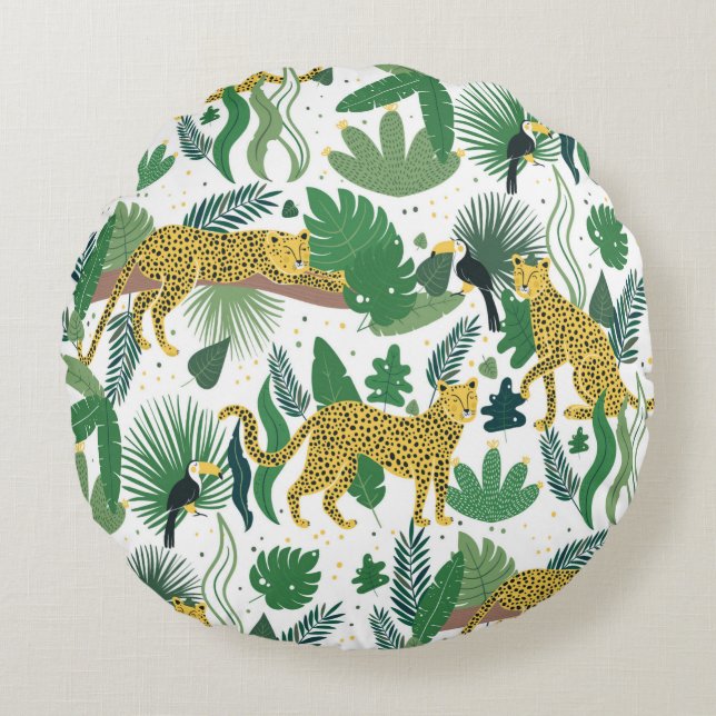 Coussins Ronds seamless pattern of leopards in jungle. Summer tro (Devant)