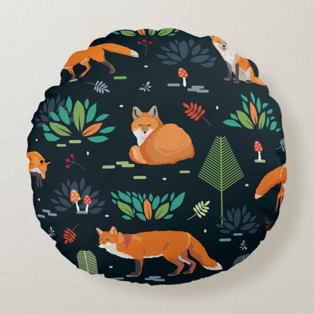 Coussins Ronds Seamless pattern with Foxes, trees, leaves, mushro (Devant)