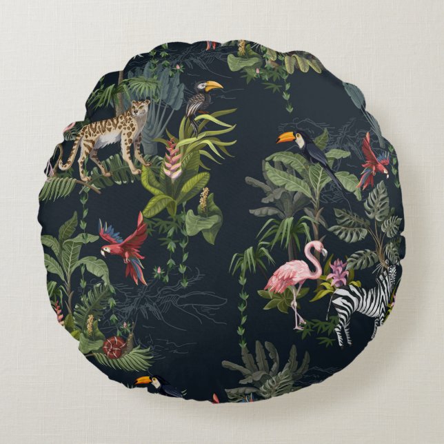 Coussins Ronds Seamless pattern with jungle animals, flowers and  (Devant)