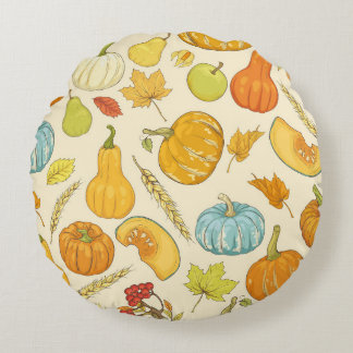 Coussins Ronds Seamless pattern with pumpkins, autumn leaves, app