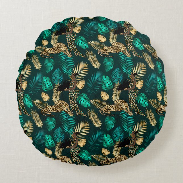 Coussins Ronds Série Teal et Or Design Léopard 7 (Devant)