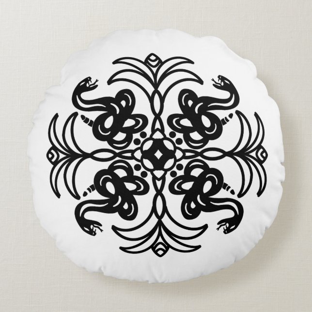 Coussins Ronds Serpent tribal noir et blanc Mandala (Devant)