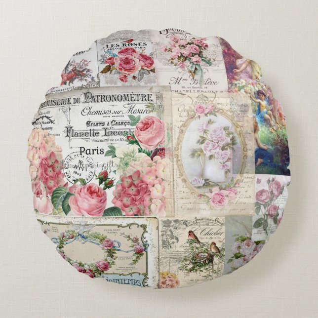 Coussins Ronds Shabby collage chic, pays victorien, découpage, b (Devant)