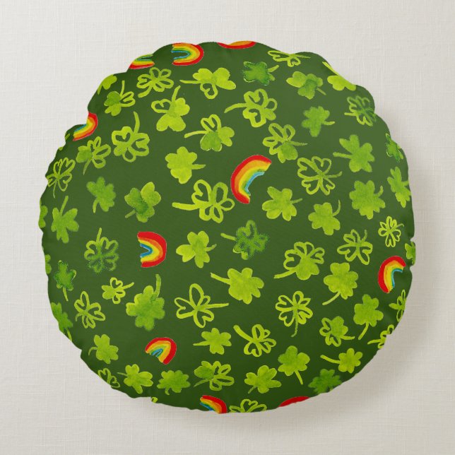 Coussins Ronds Shamrocks et Rainbows Aquarelle Vert irlandais (Devant)