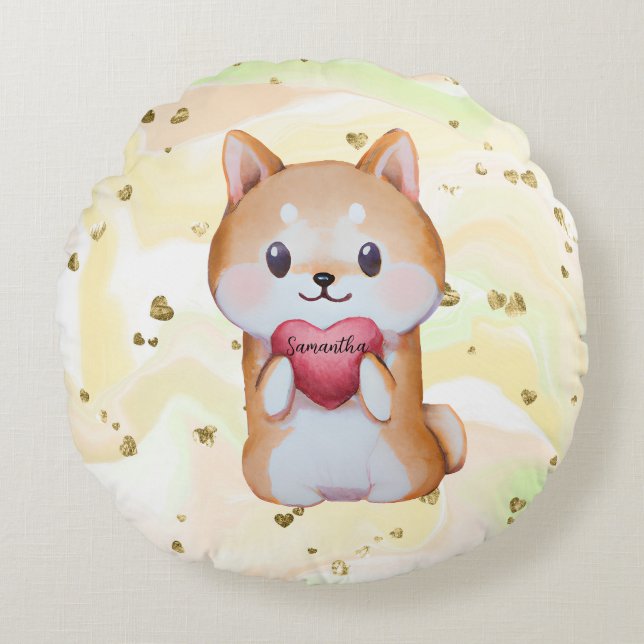 Coussins Ronds Shiba Inu Tenir Un Coeur (Devant)