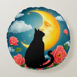 Coussins Ronds Silhouette de chat assis devant la lune