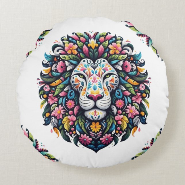Coussins Ronds Silhouette de Lion Floral (Devant)
