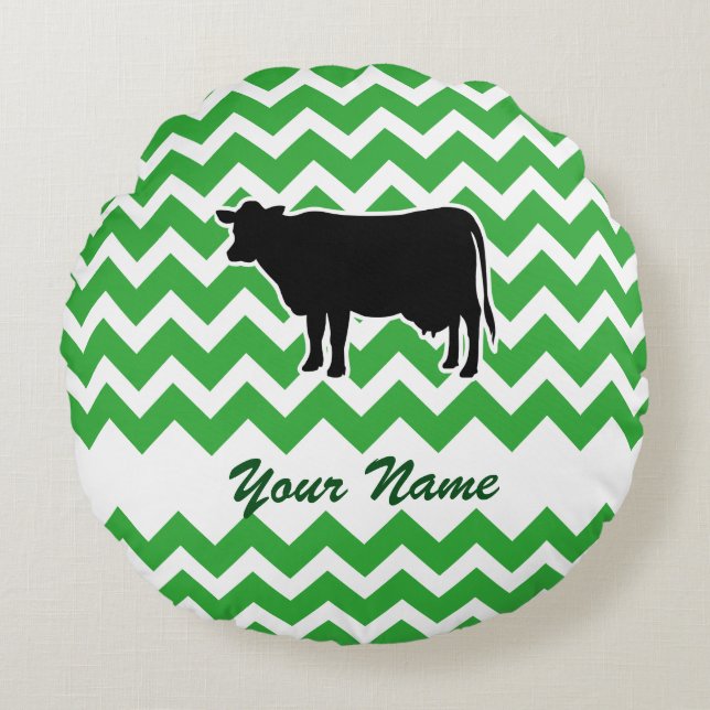 Coussins Ronds Silhouette de vache avec Motif Chevron Vert (Devant)