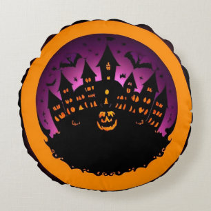 Coussins Ronds Silhouette d'Halloween effrayant d'un château hant