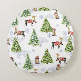 Coussins Ronds Simple arbre de Noël Boho Renne aquarelle