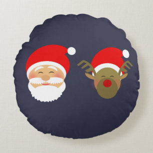 Coussins Ronds Simple Père Noël de Noël et Renne bleu marine